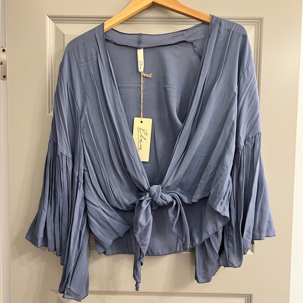 Elan Blue bell sleeve front tie shirt